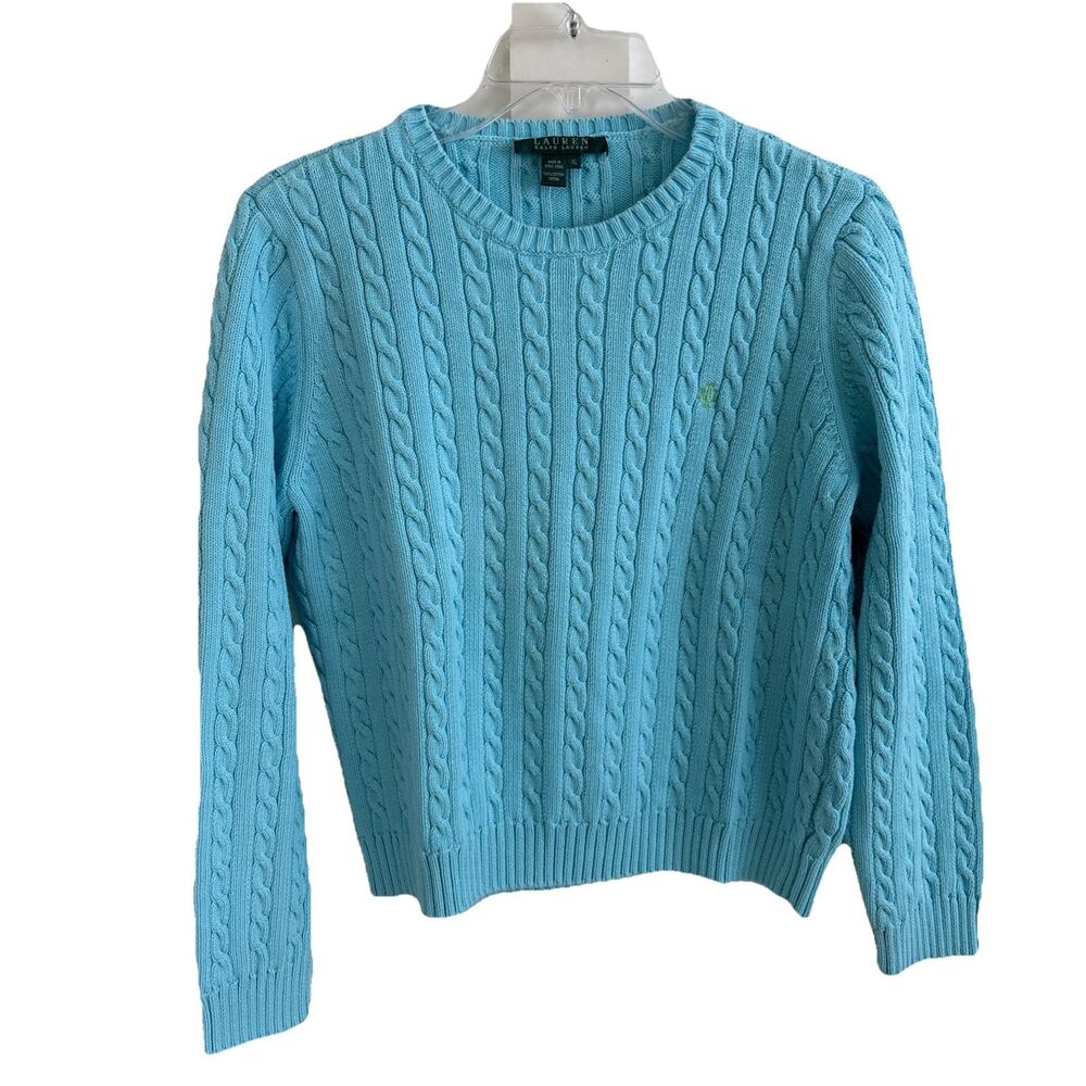 VTG Ralph Lauren LRL Aqua Blue Slim Fit Cropped Cable Knit Cotton Sweater XL